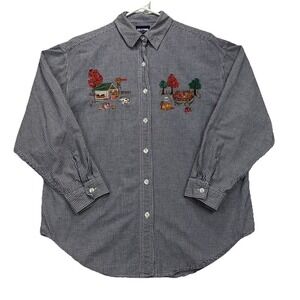 Womens Shirt L Button Up Embroidery Farm Animals Fall Barn Chore Cottage core